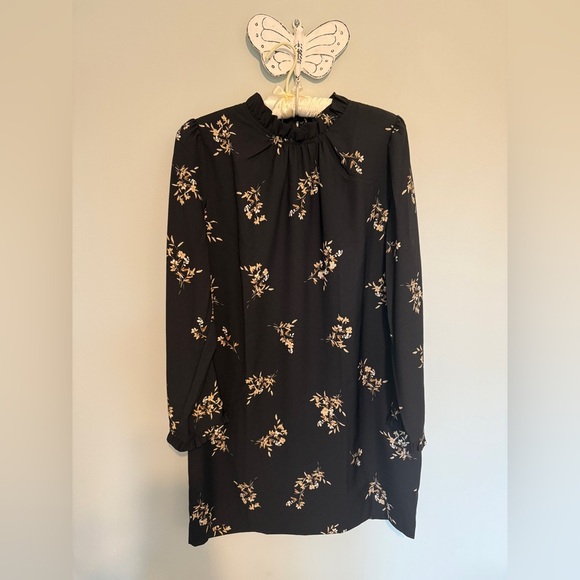 J. Crew Dress Esperanza Dress Black Floral Long Sleeves Ruffle Neck 14 - Picture 2 of 11